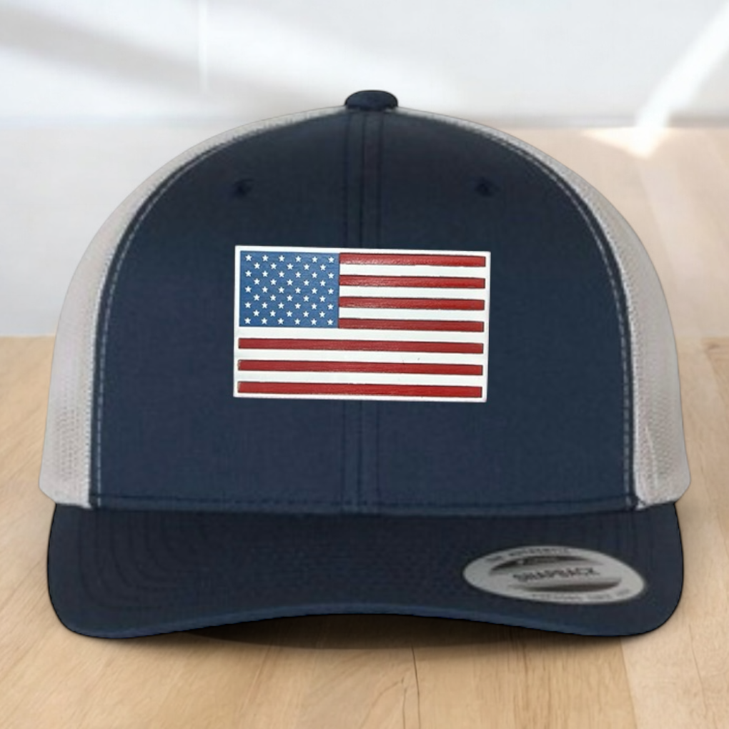 American Flag Custom Trucker Hat, Engraved Acrylic Red White & Blue Flag Patch, USA Flag Patch, One Size Fit Most, USA Dad Gifts, Adjustable Mesh Snapback Closure