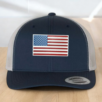 American Flag Custom Trucker Hat, Engraved Acrylic Red White & Blue Flag Patch, USA Flag Patch, One Size Fit Most, USA Dad Gifts, Adjustable Mesh Snapback Closure