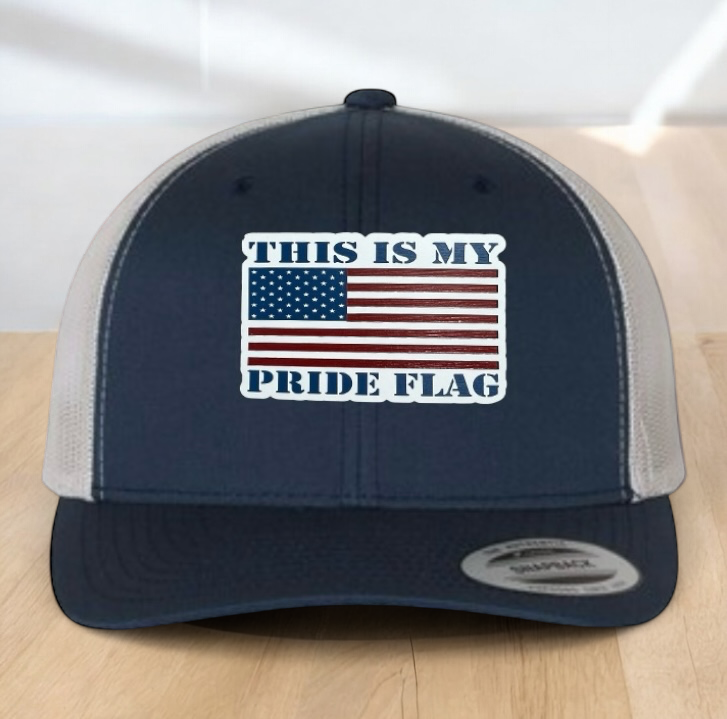 "This Is My Pride Flag" Custom Trucker Hat, w/ an Engraved Acrylic USA Flag Patch, One SizeFit Most, USA Dad Gifts, Adjustable Mesh Snapback Closure