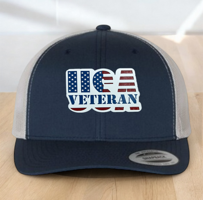 American Flag Custom Trucker Hat, w/ a Engraved Acrylic USA Veteran Flag Patch, One Size Fit Most, USA Dad Gifts, Adjustable Mesh Snapback Closure