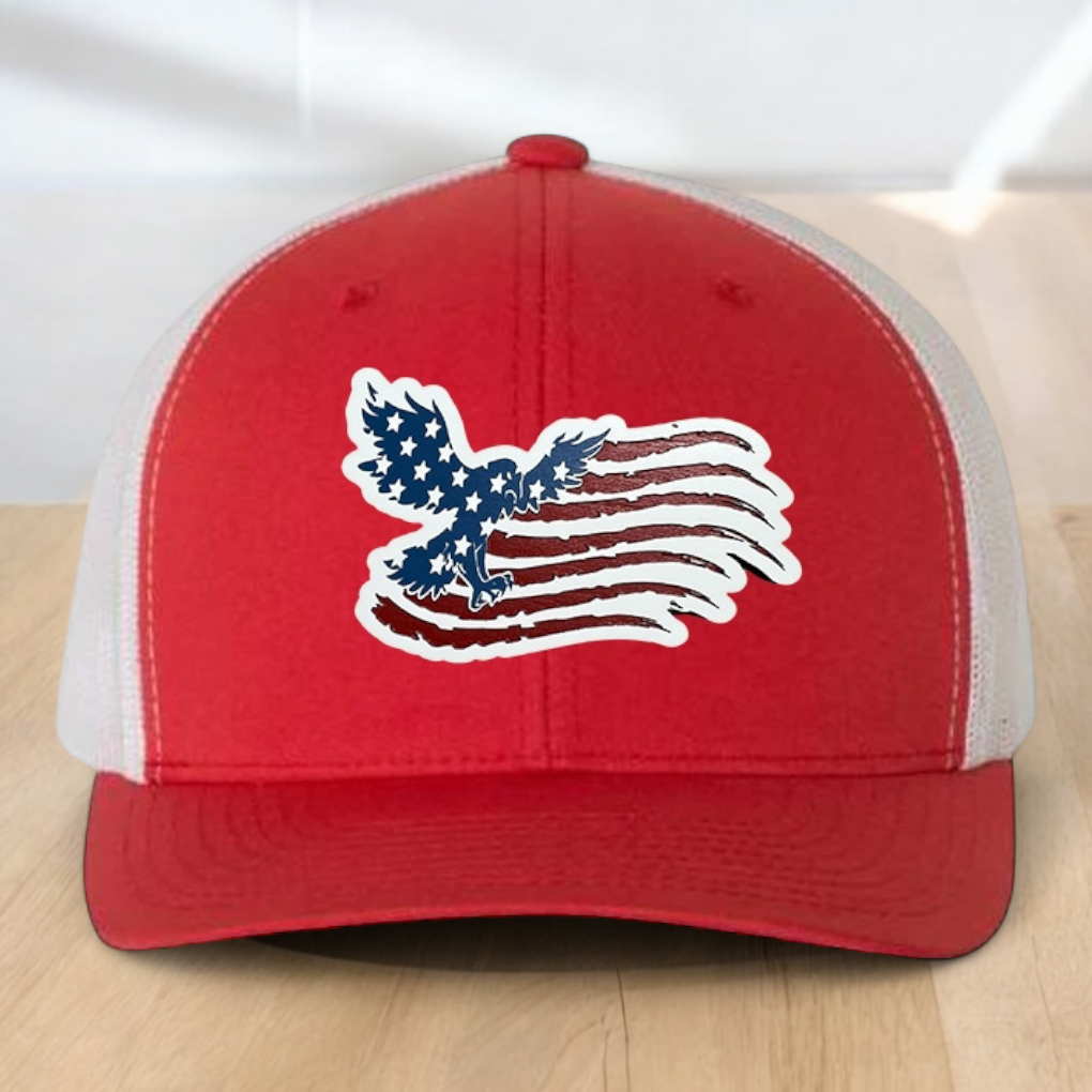 American Flag Custom Trucker Hat, w/ a Engraved Acrylic Flying Eagle USA Flag Patch, One Size Fit Most, USA Dad Gifts, Adjustable Mesh Snapback Closure
