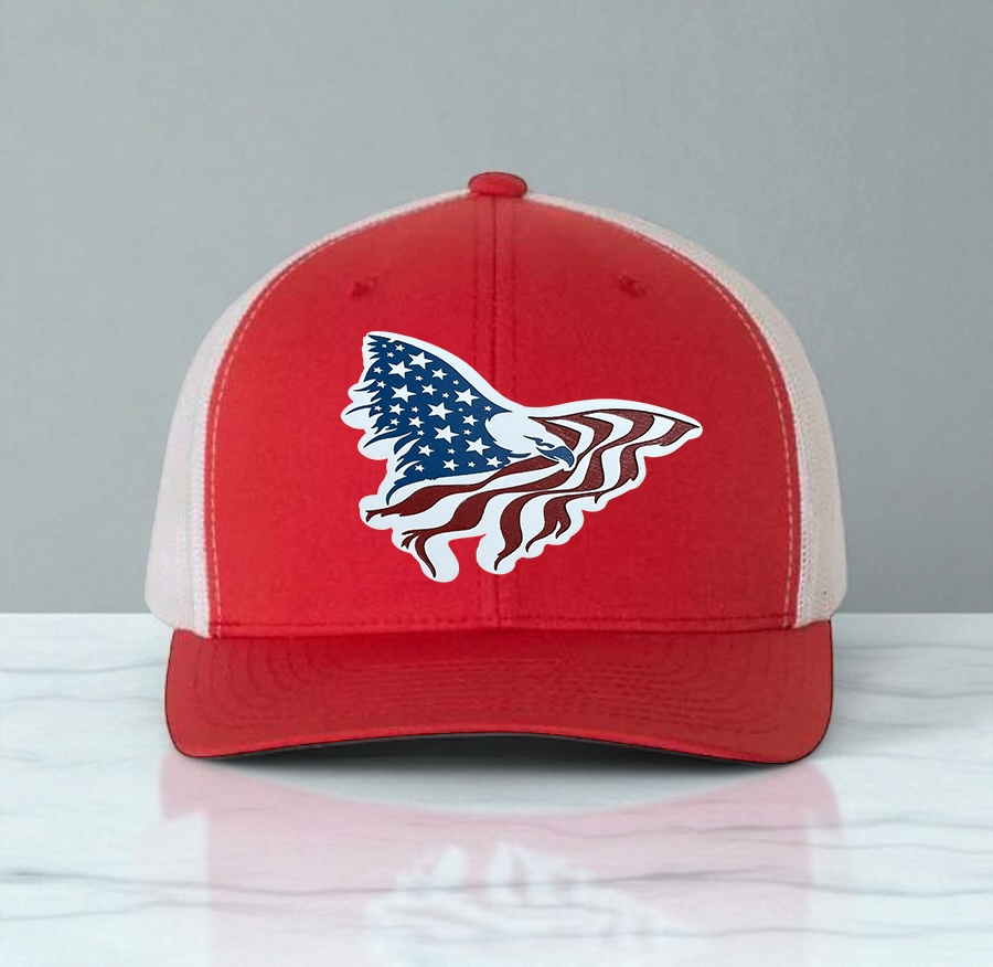 American Flag Custom Trucker Hat, w/ a Engraved Acrylic Eagle USA Flag Patch, One Size Fit Most, USA Dad Gifts, Adjustable Mesh Snapback Closure