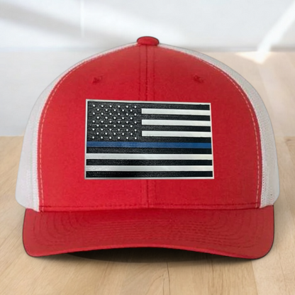 Back The Blue Custom Trucker Hat, Engraved Acrylic Police Blue Line Patch, USA Flag Blue Line Patch, Support the Police Dad Gift, Adjustable Snapback Closure