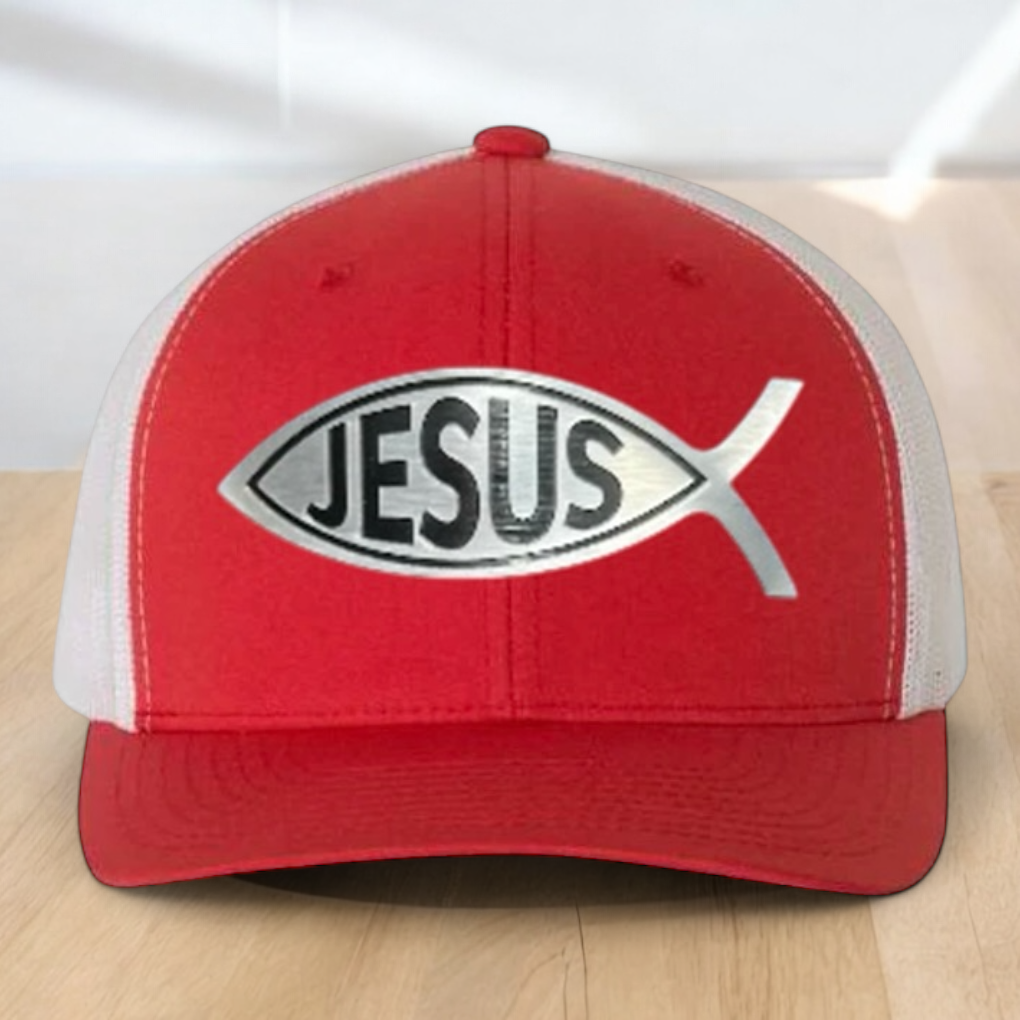 Custom Trucker Hat, with a Jesus Fish Engraved Patch, One Size Fit Most, USA Dad Gifts, Adjustable Mesh Snapback Closure