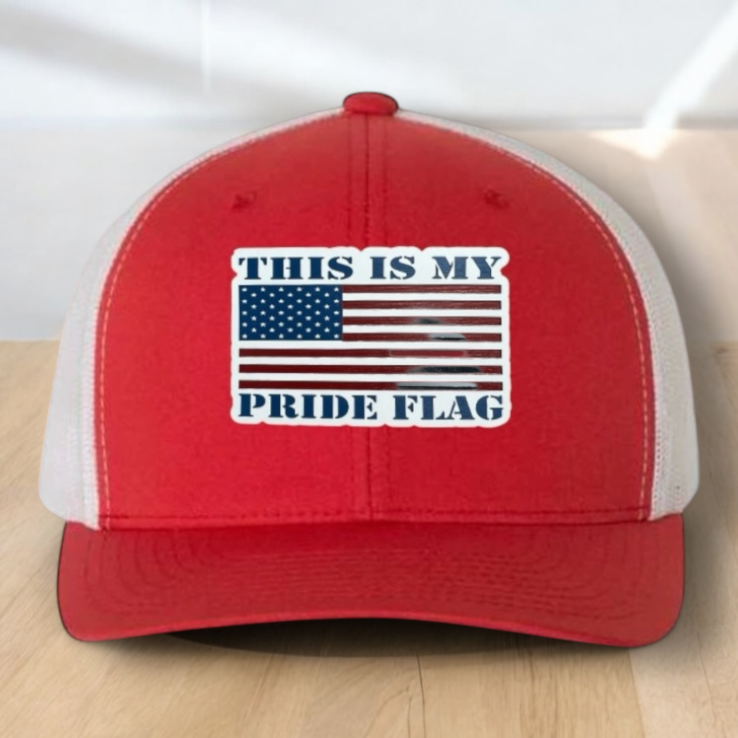 "This Is My Pride Flag" Custom Trucker Hat, w/ an Engraved Acrylic USA Flag Patch, One SizeFit Most, USA Dad Gifts, Adjustable Mesh Snapback Closure