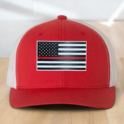Custom Trucker Hat, Fire Fighter Red Line Hat, Engraved Patch, Support the Fire Fighter, Adjustable Snapback Closure