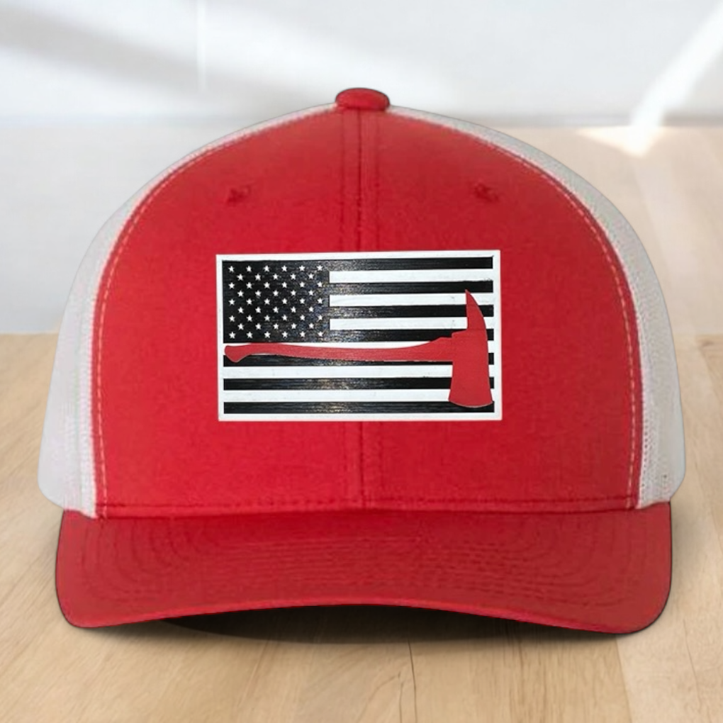 Custom Trucker Hat, Fire Fighter Red Line Axe Hat,  Engraved Acrylic Patch, Support the Fire Fighter, Adjustable Snapback Closure