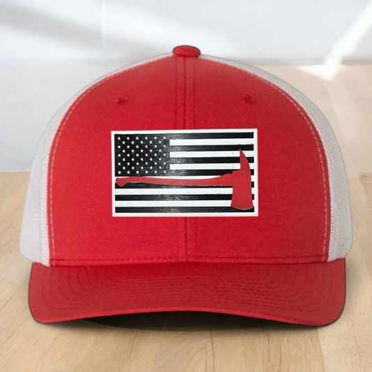 Custom Trucker Hat, Fire Fighter Red Line Axe Hat,  Engraved Acrylic Patch, Support the Fire Fighter, Adjustable Snapback Closure