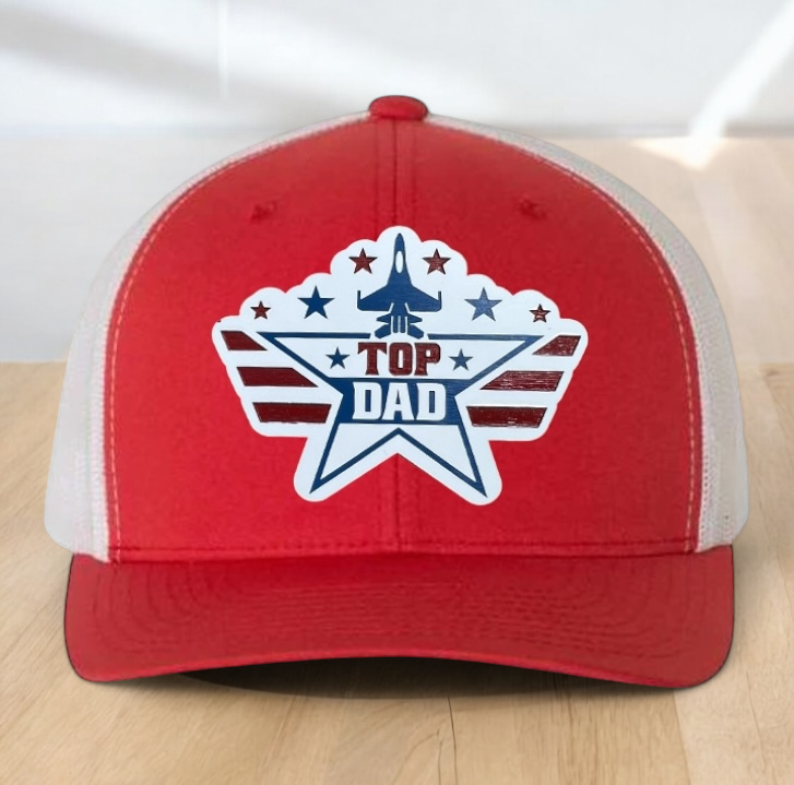 American Flag Custom Trucker Hat, w/ a Engraved Acrylic Top Dad Patch, One Size Fit Most, USA Dad Gifts, Adjustable Mesh Snapback Closure