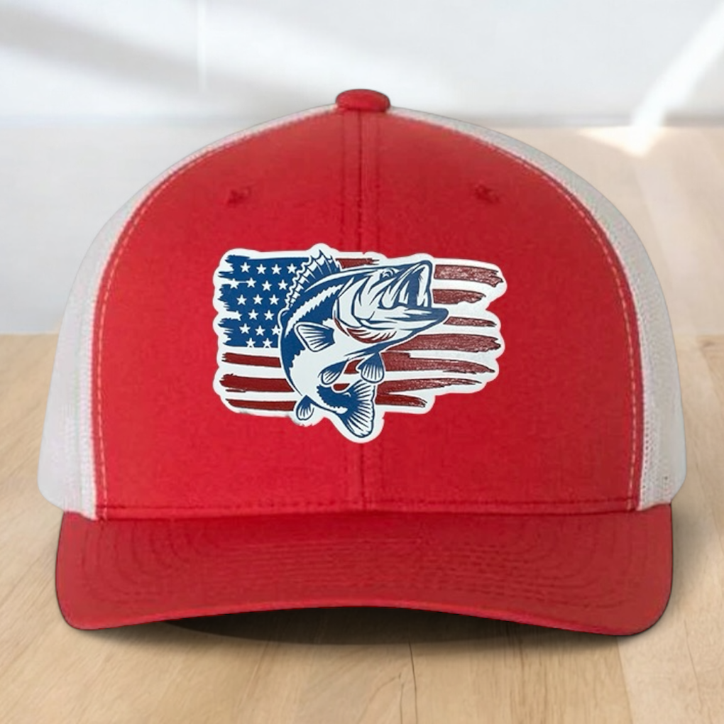 American Flag Custom Trucker Hat, w/ a Engraved Acrylic Bass Fish Patch, One Size Fit Most, USA Dad Gifts, Adjustable Mesh Snapback Closure