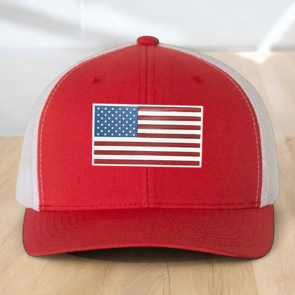 American Flag Custom Trucker Hat, Engraved Acrylic Red White & Blue Flag Patch, USA Flag Patch, One Size Fit Most, USA Dad Gifts, Adjustable Mesh Snapback Closure