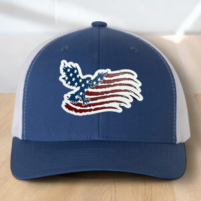American Flag Custom Trucker Hat, w/ a Engraved Acrylic Flying Eagle USA Flag Patch, One Size Fit Most, USA Dad Gifts, Adjustable Mesh Snapback Closure