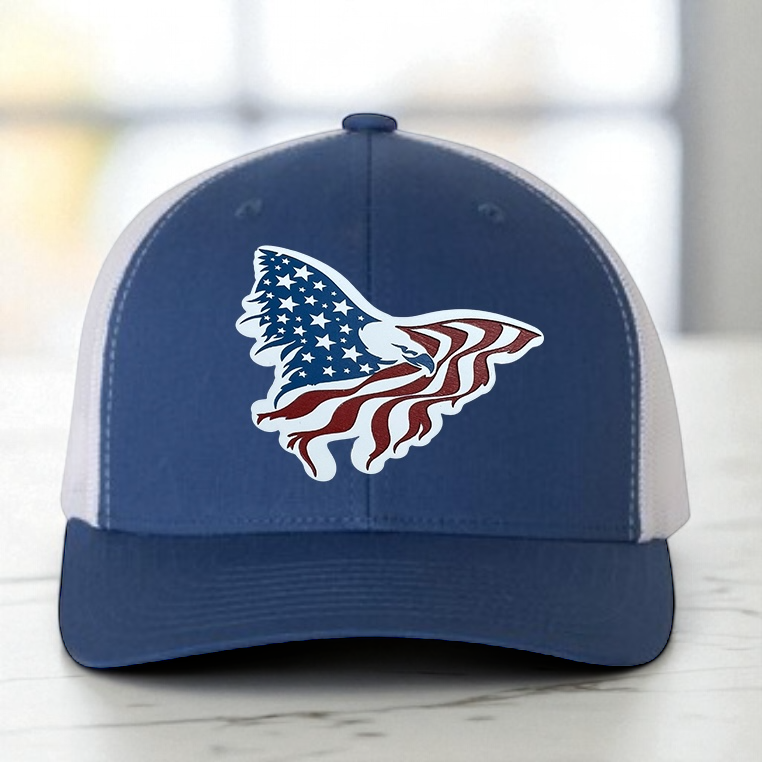 American Flag Custom Trucker Hat, w/ a Engraved Acrylic Eagle USA Flag Patch, One Size Fit Most, USA Dad Gifts, Adjustable Mesh Snapback Closure