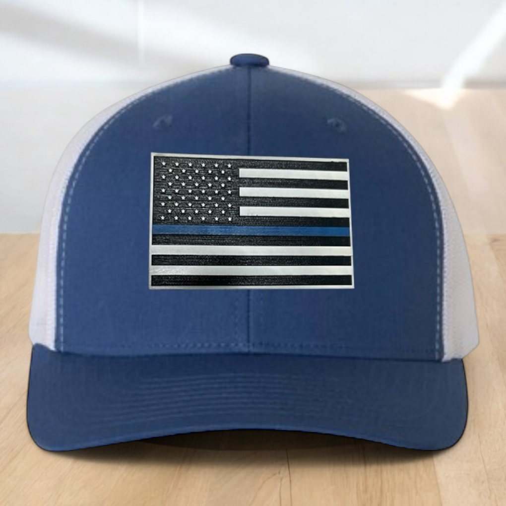 Back The Blue Custom Trucker Hat, Engraved Acrylic Police Blue Line Patch, USA Flag Blue Line Patch, Support the Police Dad Gift, Adjustable Snapback Closure