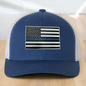 Back The Blue Custom Trucker Hat, Engraved Acrylic Police Blue Line Patch, USA Flag Blue Line Patch, Support the Police Dad Gift, Adjustable Snapback Closure