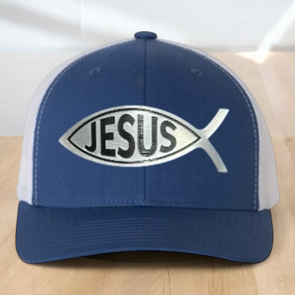 Custom Trucker Hat, with a Jesus Fish Engraved Patch, One Size Fit Most, USA Dad Gifts, Adjustable Mesh Snapback Closure
