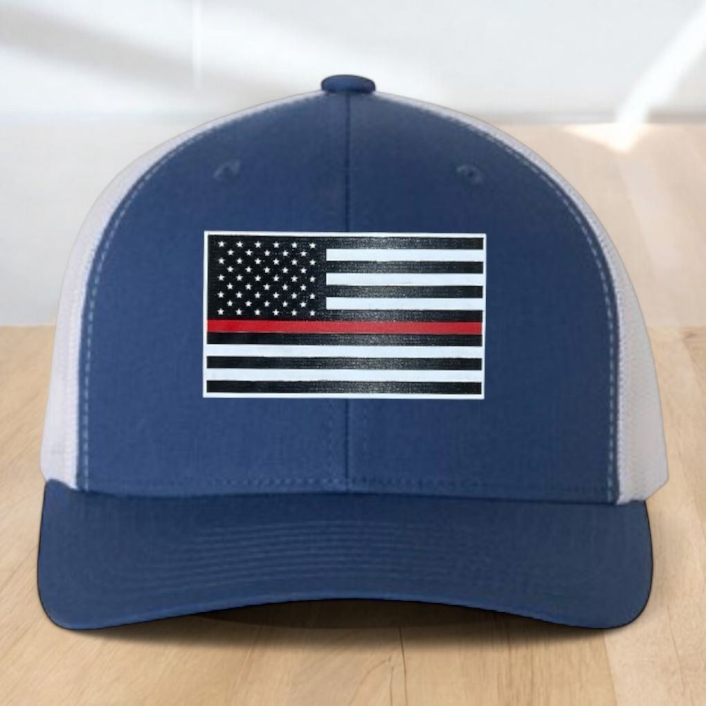 Custom Trucker Hat, Fire Fighter Red Line Hat, Engraved Patch, Support the Fire Fighter, Adjustable Snapback Closure