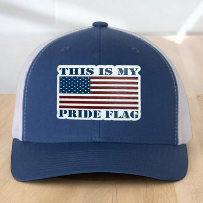 "This Is My Pride Flag" Custom Trucker Hat, w/ an Engraved Acrylic USA Flag Patch, One SizeFit Most, USA Dad Gifts, Adjustable Mesh Snapback Closure