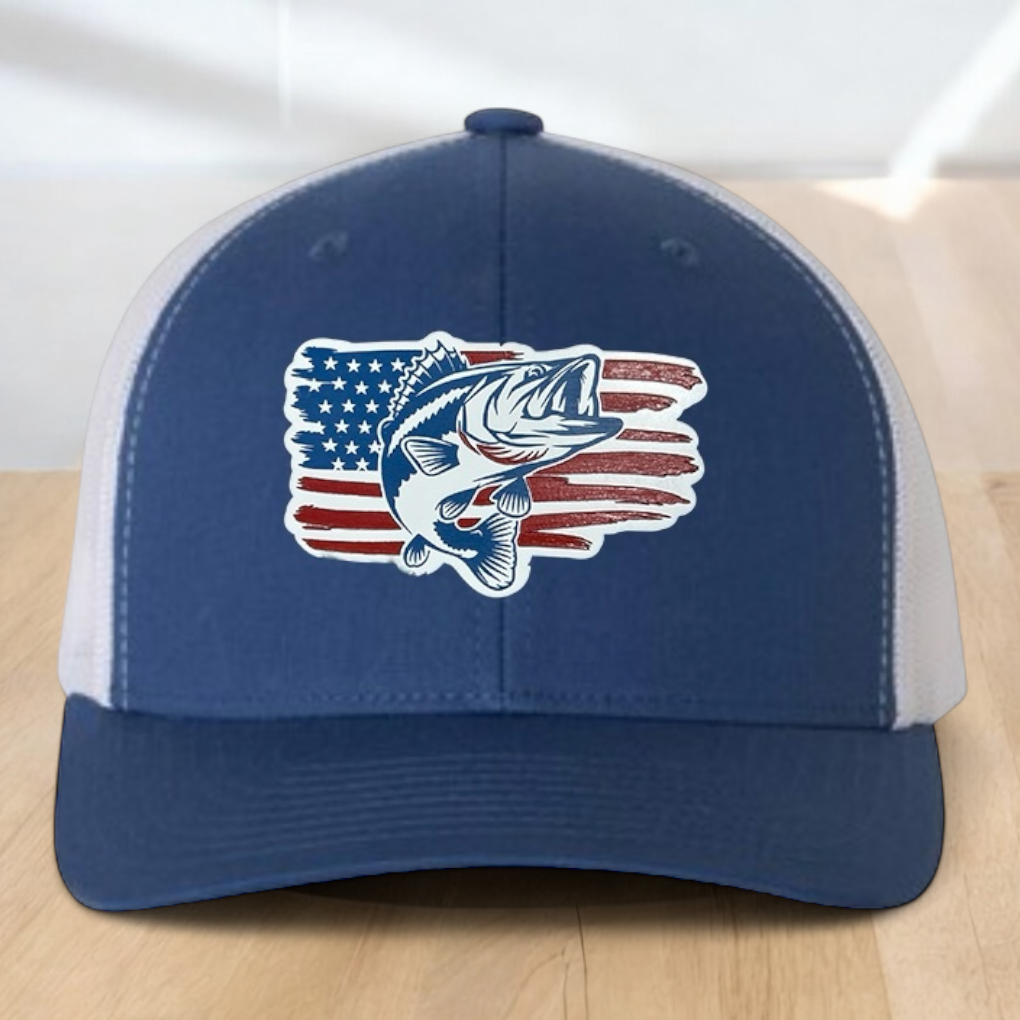American Flag Custom Trucker Hat, w/ a Engraved Acrylic Bass Fish Patch, One Size Fit Most, USA Dad Gifts, Adjustable Mesh Snapback Closure