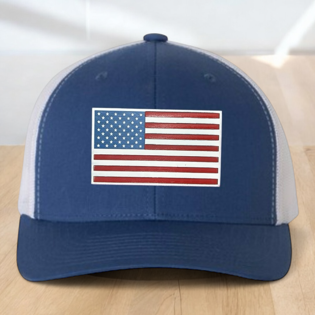 American Flag Custom Trucker Hat, Engraved Acrylic Red White & Blue Flag Patch, USA Flag Patch, One Size Fit Most, USA Dad Gifts, Adjustable Mesh Snapback Closure