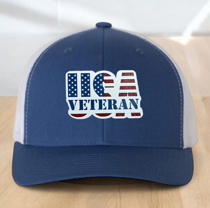 American Flag Custom Trucker Hat, w/ a Engraved Acrylic USA Veteran Flag Patch, One Size Fit Most, USA Dad Gifts, Adjustable Mesh Snapback Closure