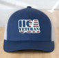 American Flag Custom Trucker Hat, w/ a Engraved Acrylic USA Veteran Flag Patch, One Size Fit Most, USA Dad Gifts, Adjustable Mesh Snapback Closure