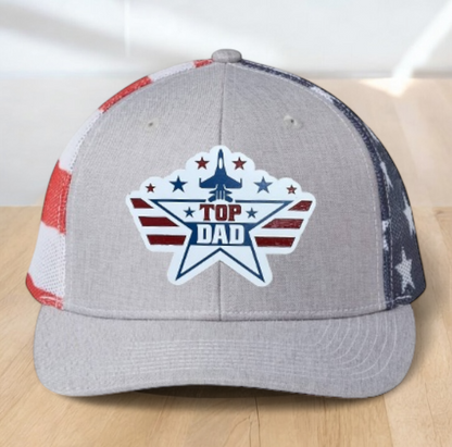 American Flag Custom Trucker Hat, w/ a Engraved Acrylic Top Dad Patch, One Size Fit Most, USA Dad Gifts, Adjustable Mesh Snapback Closure