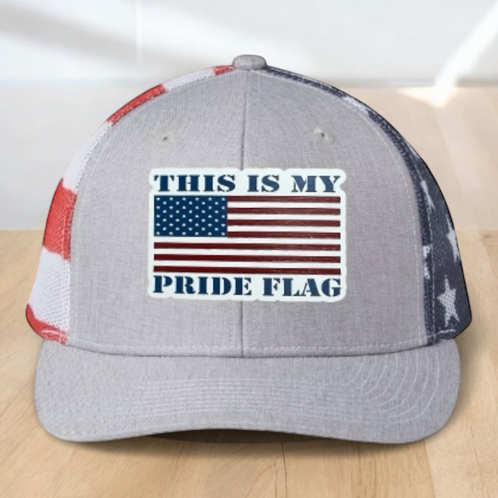 "This Is My Pride Flag" Custom Trucker Hat, w/ an Engraved Acrylic USA Flag Patch, One SizeFit Most, USA Dad Gifts, Adjustable Mesh Snapback Closure