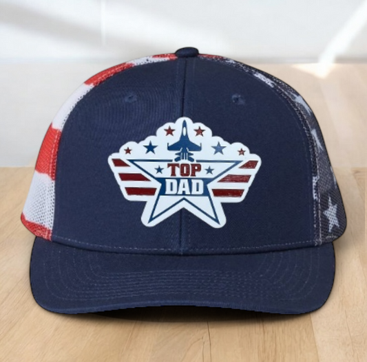 American Flag Custom Trucker Hat, w/ a Engraved Acrylic Top Dad Patch, One Size Fit Most, USA Dad Gifts, Adjustable Mesh Snapback Closure