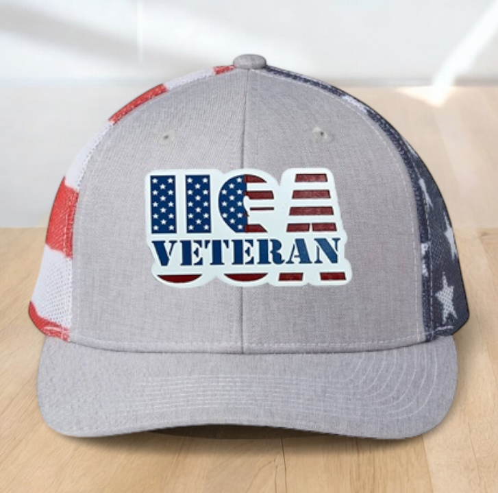 American Flag Custom Trucker Hat, w/ a Engraved Acrylic USA Veteran Flag Patch, One Size Fit Most, USA Dad Gifts, Adjustable Mesh Snapback Closure