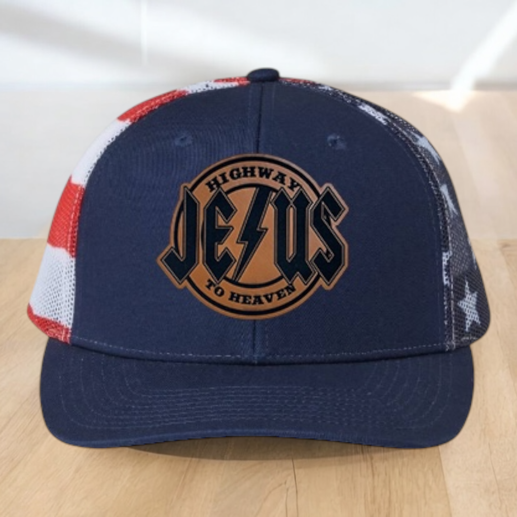 Christian Trucker Hat, Jesus Highway To Heaven Trucker Hat, Leatherette Patch Snapback Closure