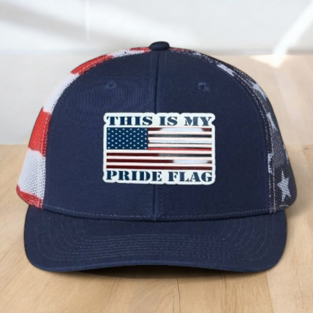 "This Is My Pride Flag" Custom Trucker Hat, w/ an Engraved Acrylic USA Flag Patch, One SizeFit Most, USA Dad Gifts, Adjustable Mesh Snapback Closure