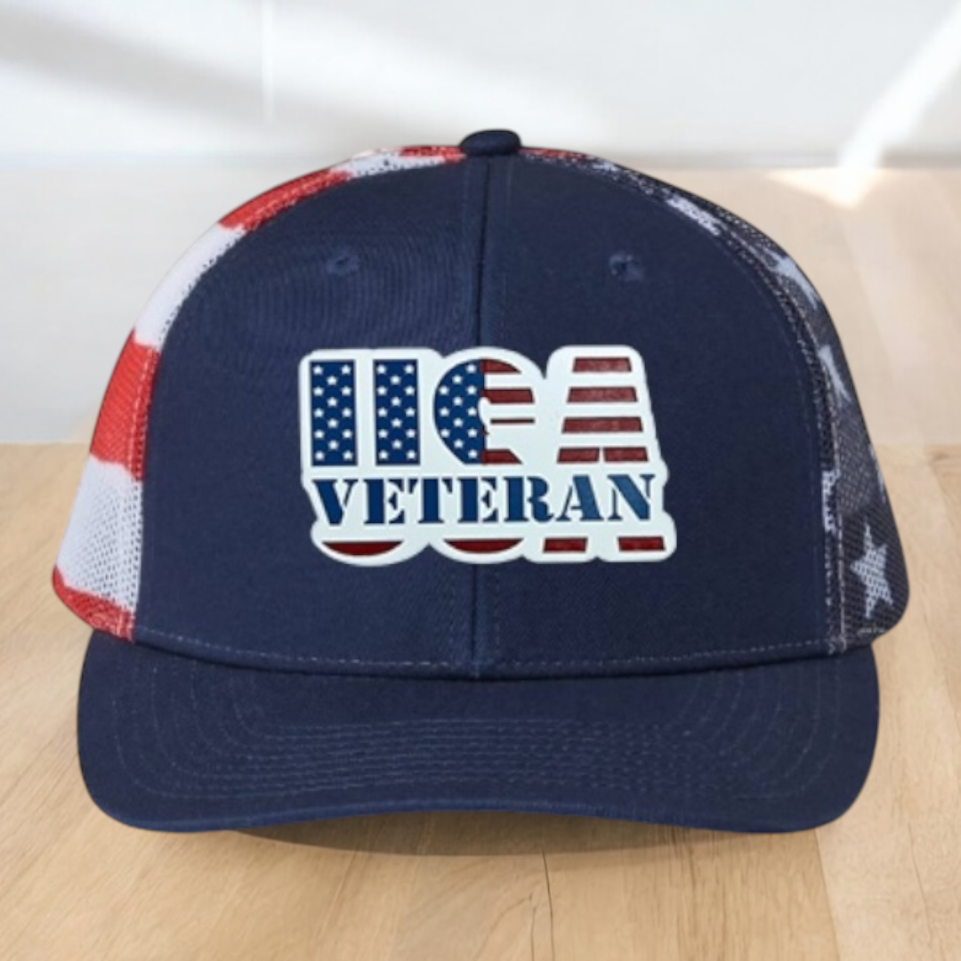 American Flag Custom Trucker Hat, w/ a Engraved Acrylic USA Veteran Flag Patch, One Size Fit Most, USA Dad Gifts, Adjustable Mesh Snapback Closure