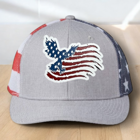 American Flag Custom Trucker Hat, w/ a Engraved Acrylic Flying Eagle USA Flag Patch, One Size Fit Most, USA Dad Gifts, Adjustable Mesh Snapback Closure