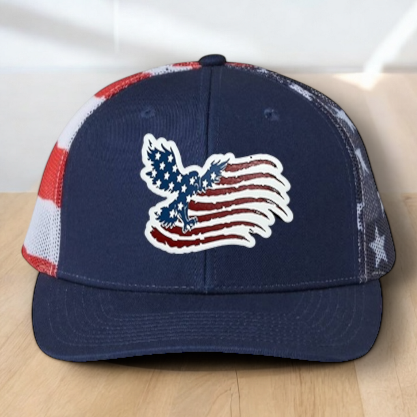 American Flag Custom Trucker Hat, w/ a Engraved Acrylic Flying Eagle USA Flag Patch, One Size Fit Most, USA Dad Gifts, Adjustable Mesh Snapback Closure