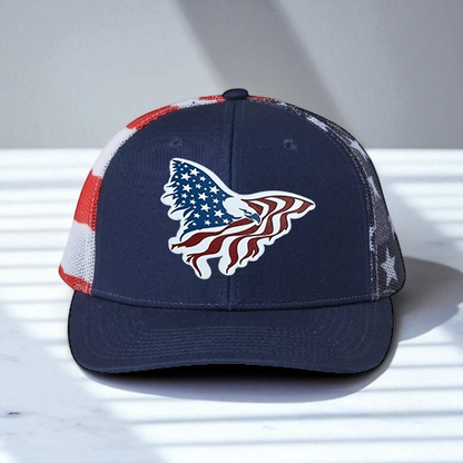 American Flag Custom Trucker Hat, w/ a Engraved Acrylic Eagle USA Flag Patch, One Size Fit Most, USA Dad Gifts, Adjustable Mesh Snapback Closure