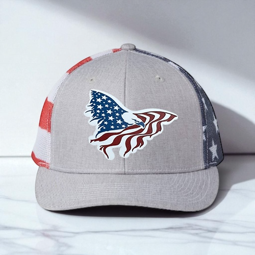 American Flag Custom Trucker Hat, w/ a Engraved Acrylic Eagle USA Flag Patch, One Size Fit Most, USA Dad Gifts, Adjustable Mesh Snapback Closure