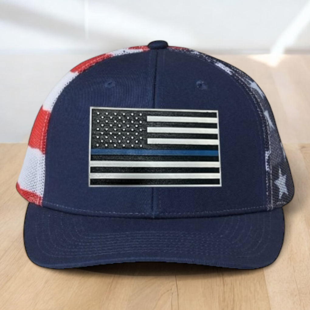 Back The Blue Custom Trucker Hat, Engraved Acrylic Police Blue Line Patch, USA Flag Blue Line Patch, Support the Police Dad Gift, Adjustable Snapback Closure
