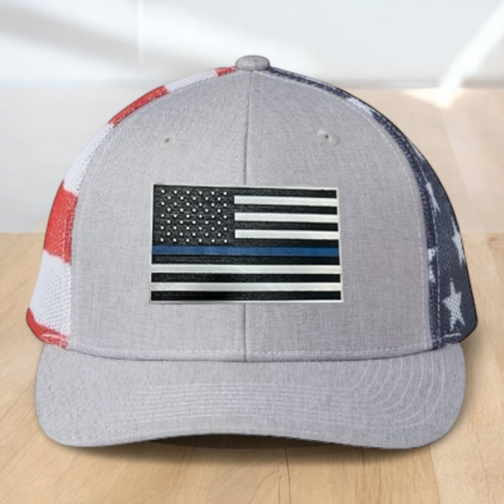Back The Blue Custom Trucker Hat, Engraved Acrylic Police Blue Line Patch, USA Flag Blue Line Patch, Support the Police Dad Gift, Adjustable Snapback Closure