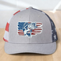 American Flag Custom Trucker Hat, w/ a Engraved Acrylic Bass Fish Patch, One Size Fit Most, USA Dad Gifts, Adjustable Mesh Snapback Closure