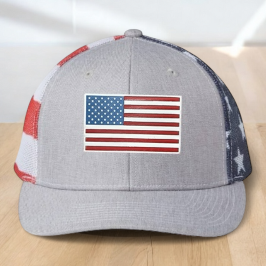 American Flag Custom Trucker Hat, Engraved Acrylic Red White & Blue Flag Patch, USA Flag Patch, One Size Fit Most, USA Dad Gifts, Adjustable Mesh Snapback Closure