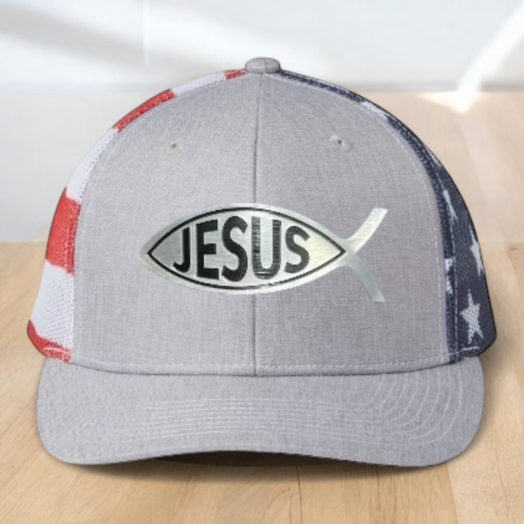 Custom Trucker Hat, with a Jesus Fish Engraved Patch, One Size Fit Most, USA Dad Gifts, Adjustable Mesh Snapback Closure
