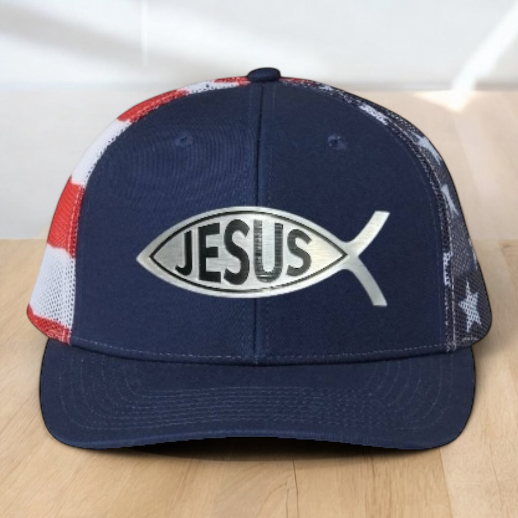 Custom Trucker Hat, with a Jesus Fish Engraved Patch, One Size Fit Most, USA Dad Gifts, Adjustable Mesh Snapback Closure