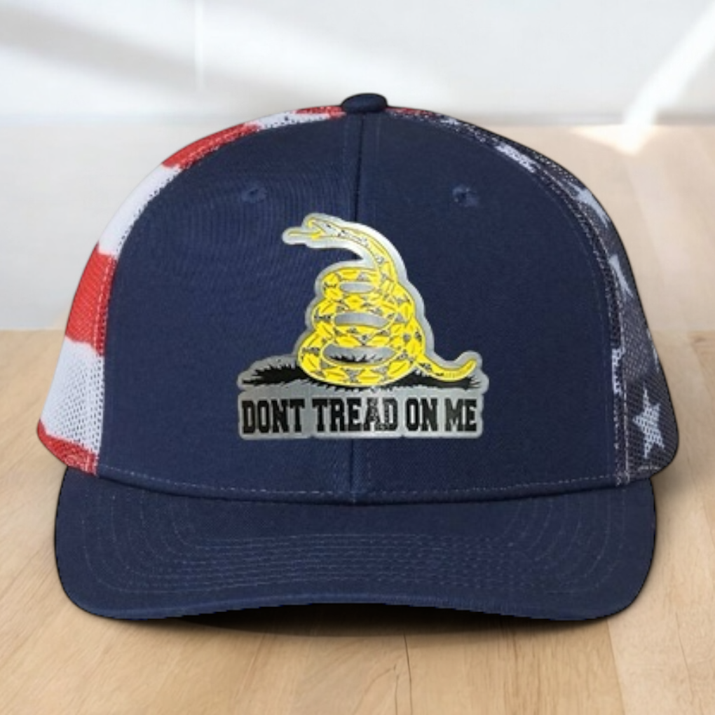 Patriotic Custom Trucker Hat, with "Don't Tread On Me", Engraved Patch, One Size Fit Most, US Military Gifts, Adjustable Mesh Snapback Closure
