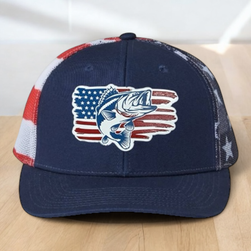 American Flag Custom Trucker Hat, w/ a Engraved Acrylic Bass Fish Patch, One Size Fit Most, USA Dad Gifts, Adjustable Mesh Snapback Closure