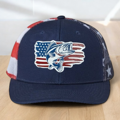 American Flag Custom Trucker Hat, w/ a Engraved Acrylic Bass Fish Patch, One Size Fit Most, USA Dad Gifts, Adjustable Mesh Snapback Closure