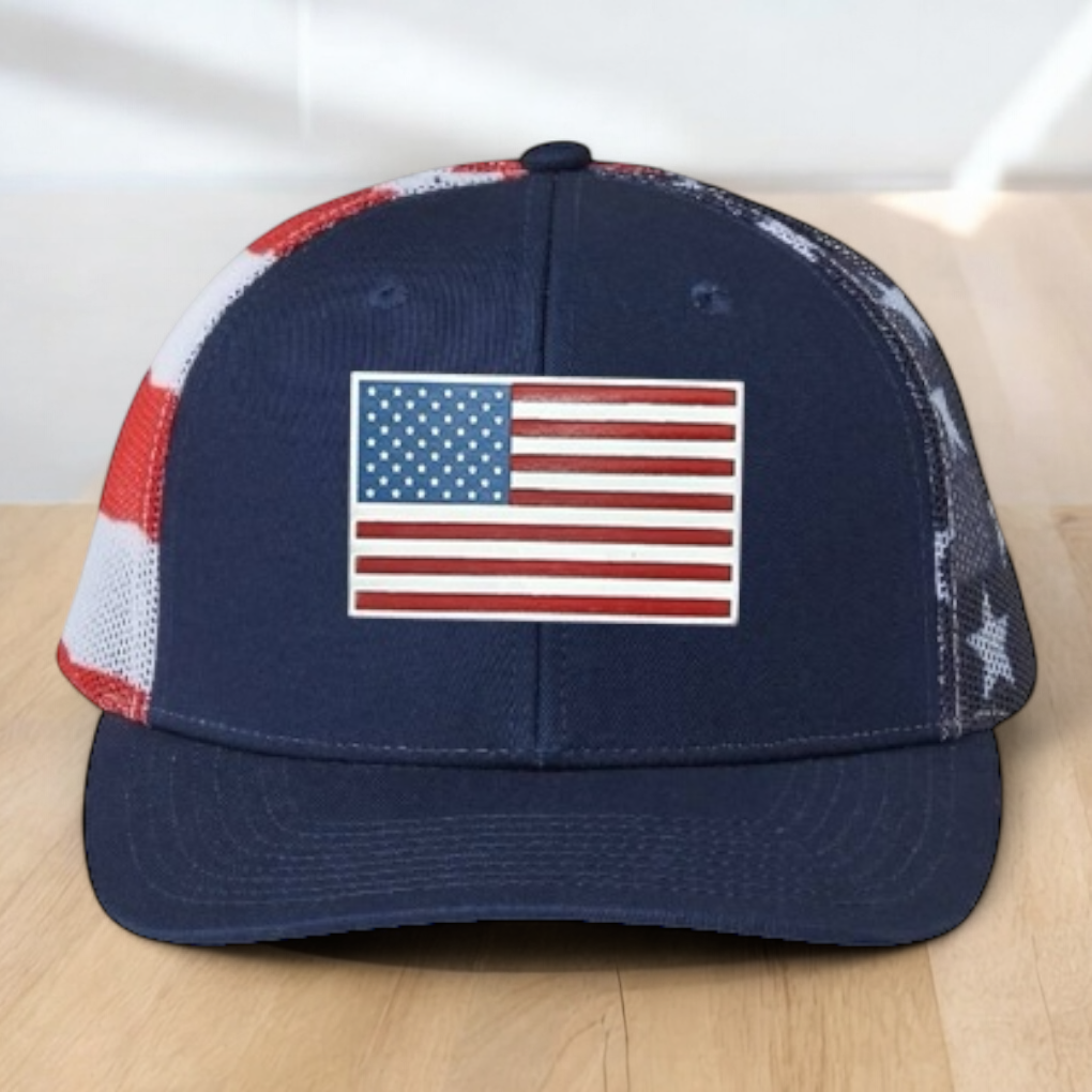 American Flag Custom Trucker Hat, Engraved Acrylic Red White & Blue Flag Patch, USA Flag Patch, One Size Fit Most, USA Dad Gifts, Adjustable Mesh Snapback Closure