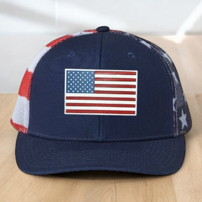 American Flag Custom Trucker Hat, Engraved Acrylic Red White & Blue Flag Patch, USA Flag Patch, One Size Fit Most, USA Dad Gifts, Adjustable Mesh Snapback Closure