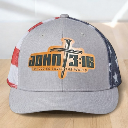 Custom Trucker Hat, with John 3:16 Leatherette Patch, One Size Fit Most, USA Dad Gifts, Adjustable Mesh Snapback Closure