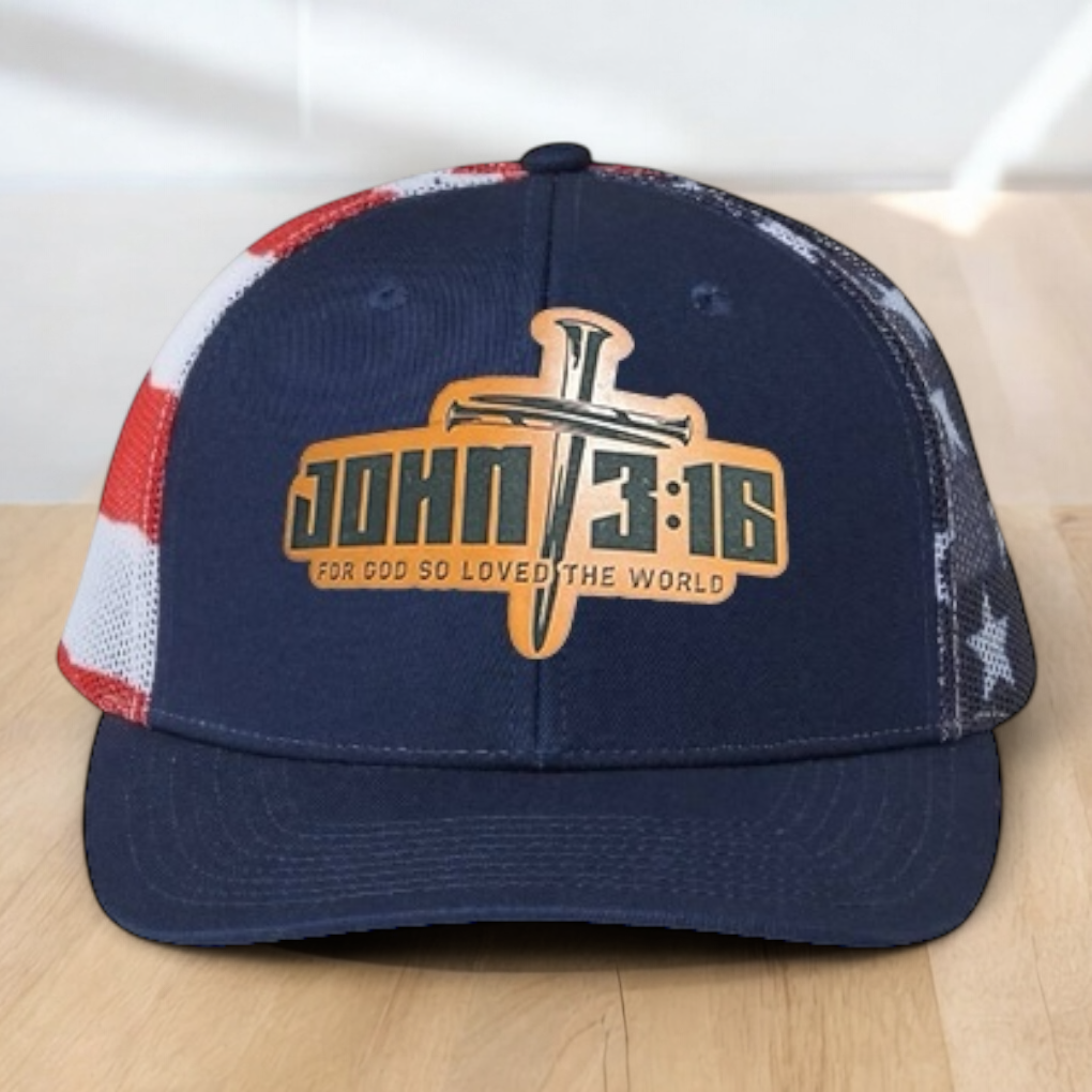 Custom Trucker Hat, with John 3:16 Leatherette Patch, One Size Fit Most, USA Dad Gifts, Adjustable Mesh Snapback Closure
